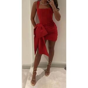 Ever New Petite corseted drape bow mini dress in red